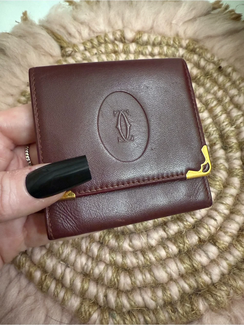 Cartier Deep Burgundy Leather Compact Wallet with Gold Accents